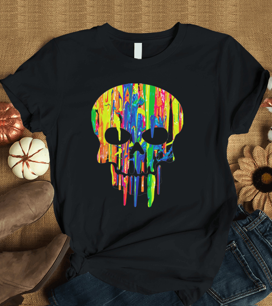 Colorful Melting Skull Cool Neon Drip Skull T-Shirt