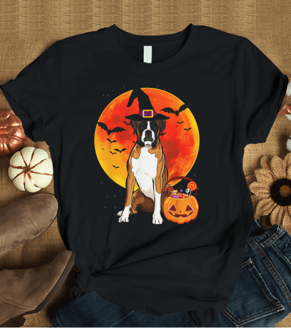 T-Shirt: Boxer Dog with Witch Hat Pumpkin Full Moon Halloween Bats T-Shirt Boxer Dog with Witch Hat Pumpkin Full Moon Halloween Bats T-Shirt
