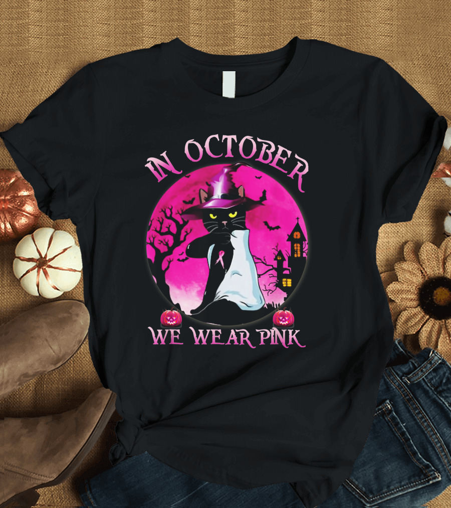 In October We Wear Pink Cat Halloween Pink Ribbon Moon Bats Jack O'Lanterns T-Shirt