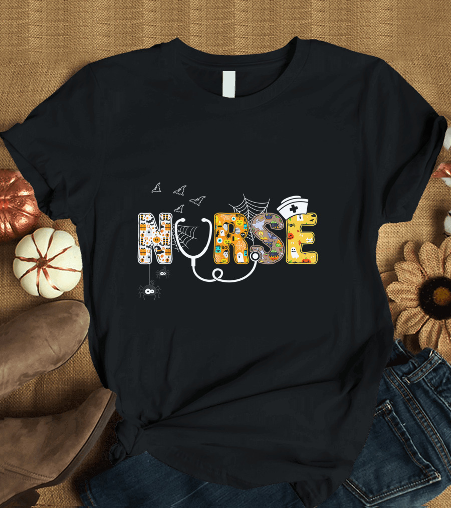 Nurse Halloween Boo Pumpkin Spider Witch Hat Bats Ghosts Cobwebs T-Shirt