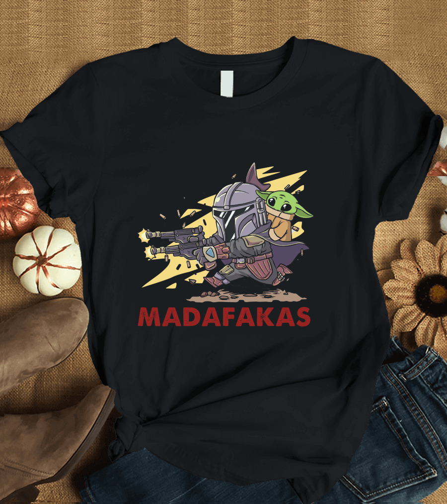 Pew Pew Madafakas Mandalorian Baby Yoda Gun Firing Scene T-Shirt