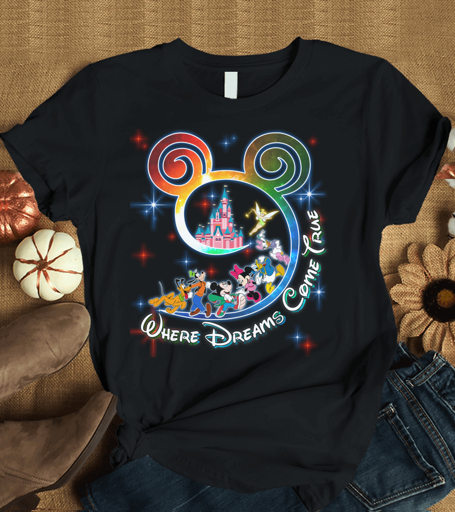 Where Dreams Come True Disney Castle Mickey Minnie Goofy Donald Pluto Tinkerbell T-Shirt