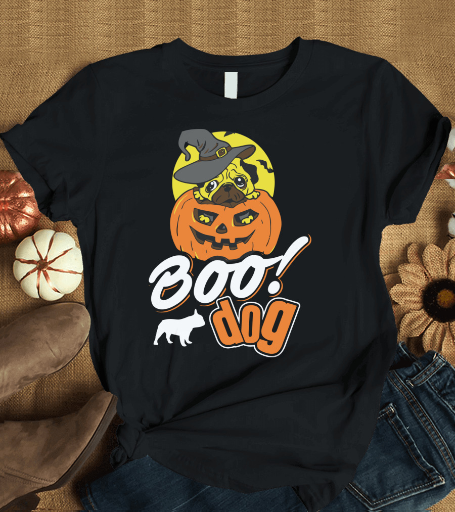 Boo Dog Pug in Witch Hat with Pumpkin Halloween T-Shirt