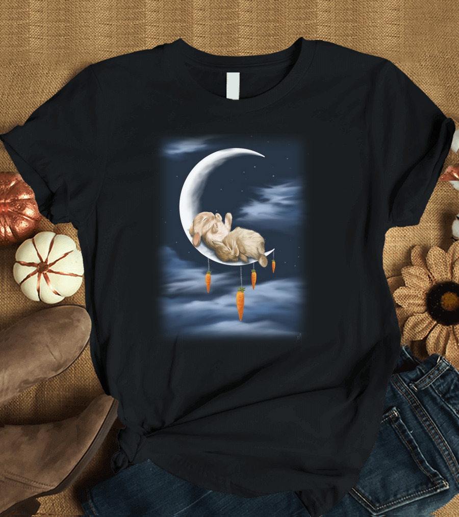 Sleeping Rabbit on Crescent Moon with Hanging Carrots T-Shirt