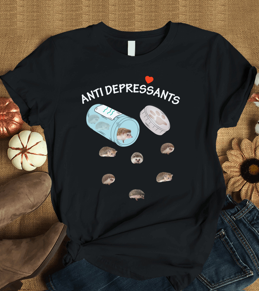 Antidepressants Hedgehog in Pill Bottle with Heart and Paw Print Cap T-Shirt