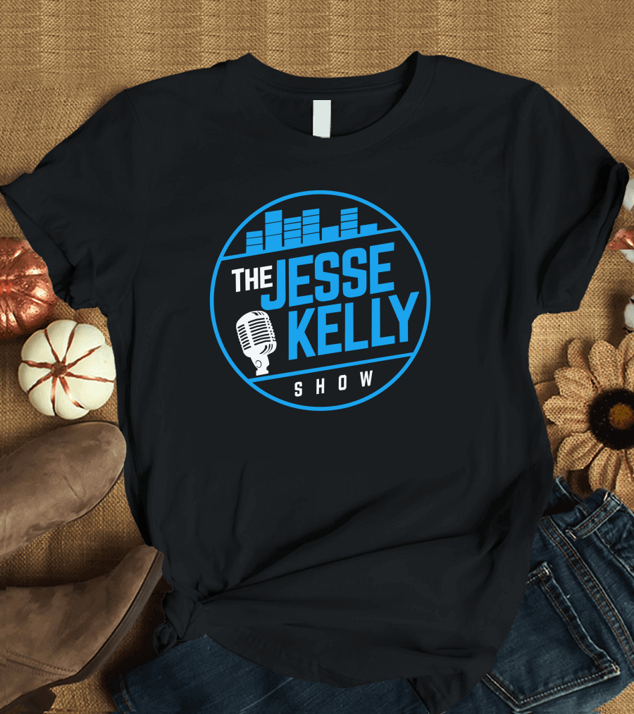 The Jesse Kelly Show Microphone Logo Design with Blue Text and Sound Bars T-Shirt