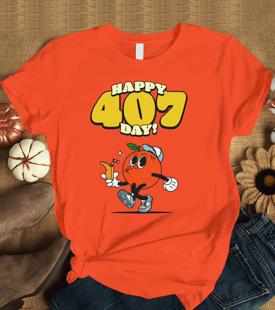 Happy 407 Day Orlando Orange Character with Drink and Sneakers T-Shirt