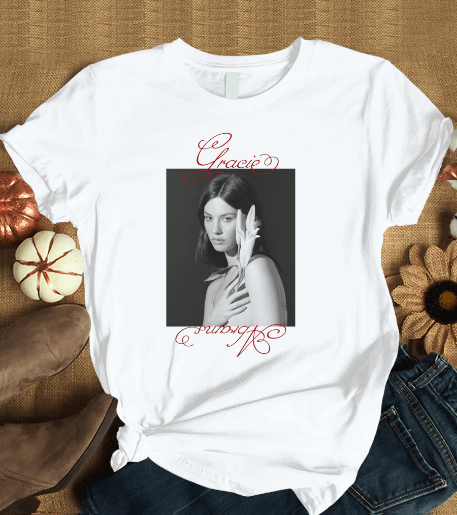 Gracie Abrams Gracieontour Black and White Portrait with Flower T-Shirt