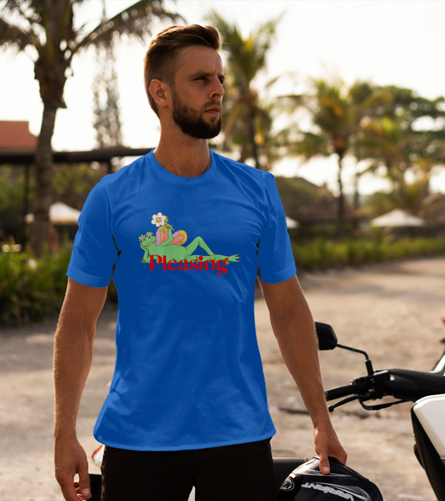 Pleasing Frog With Flower On Sky Blue Crewneck T-Shirt