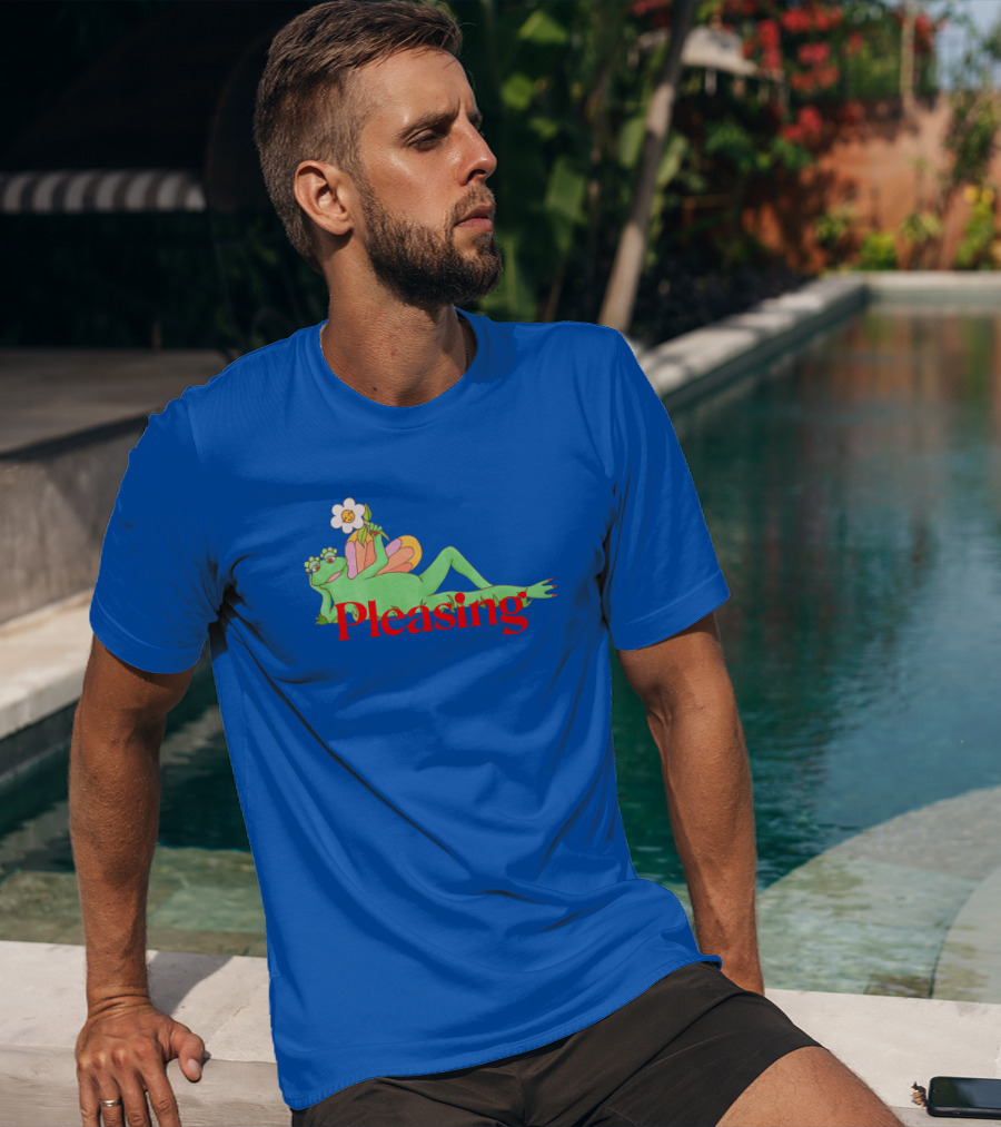 Pleasing Frog With Flower On Sky Blue Crewneck T-Shirt