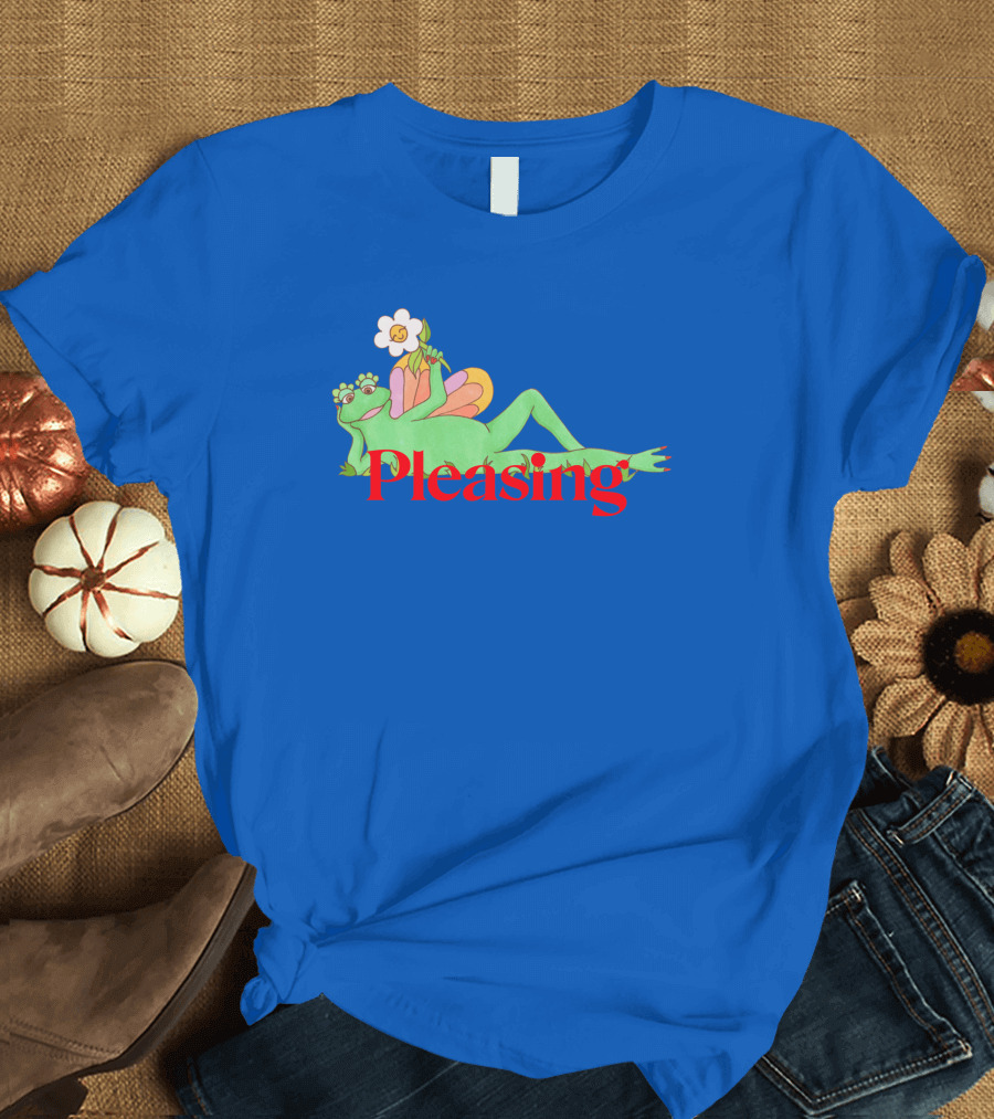 Pleasing Frog with Flower on Sky Blue Crewneck T-Shirt