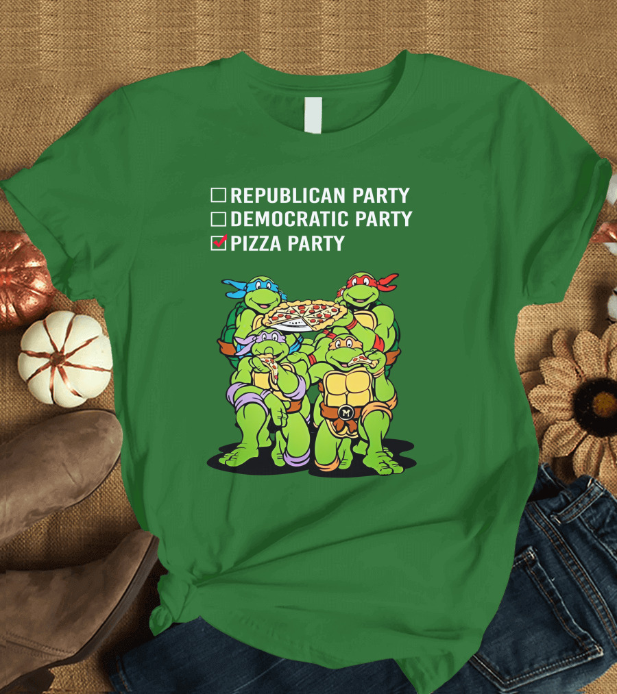 Pizza Party Checkmark with Four Ninja Turtles Carrying Pizza Under Republican Party Democratic Party Options T-Shirt