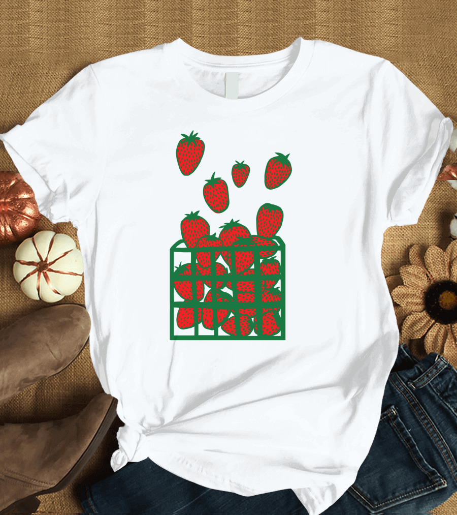 Strawberry Basket with Falling Strawberries Screen Print T-Shirt