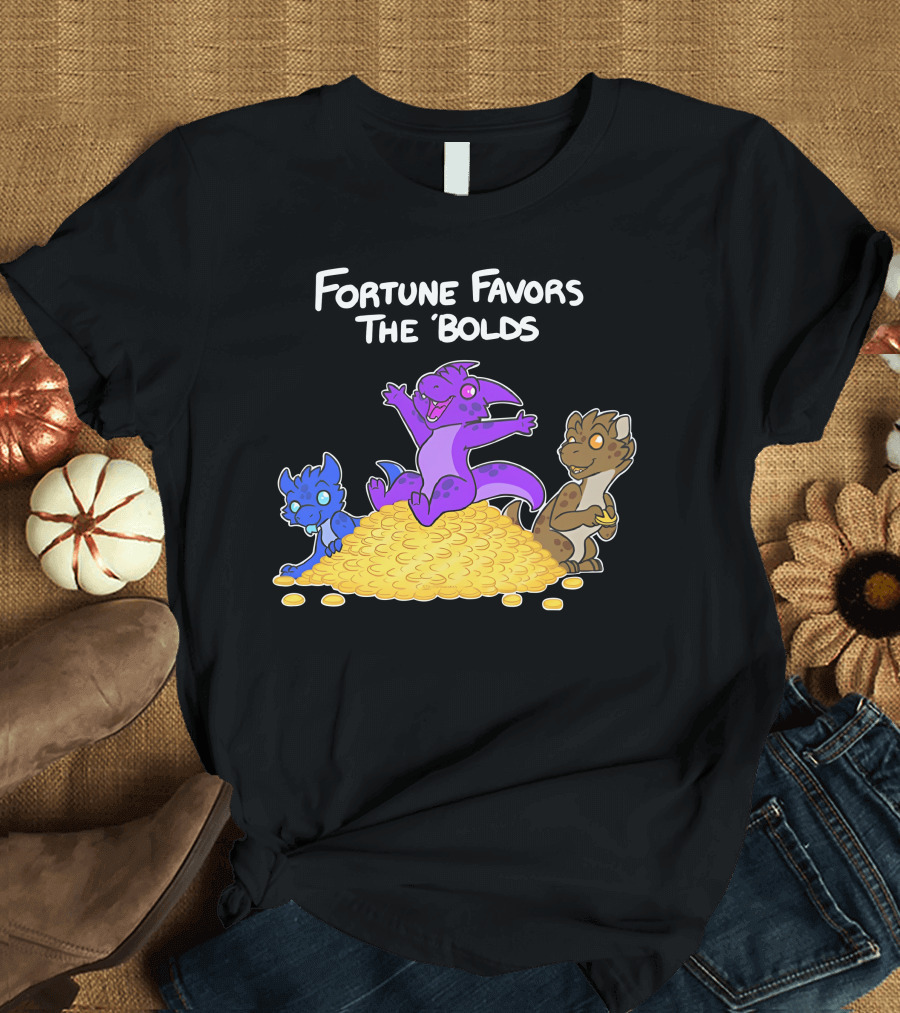 Kobold Fortune Favors The Bold Colorful Cartoon Creatures on Gold Coins T-Shirt