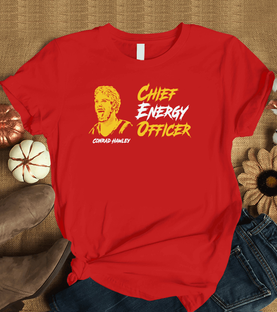 Conrad Hawley Chief Energy Officer Enthusiastic Portrait in Bold Yellow and White Text T-Shirt