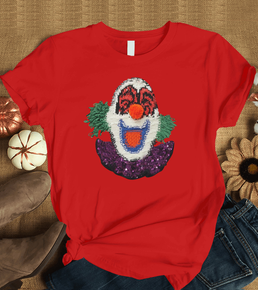 Sequin-Embellished Intarsia Wool Clown Face with Green Hair and Purple Collar T-Shirt
