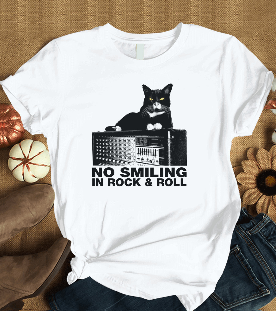 No Smiling In Rock And Roll Cat on Amplifier T-Shirt