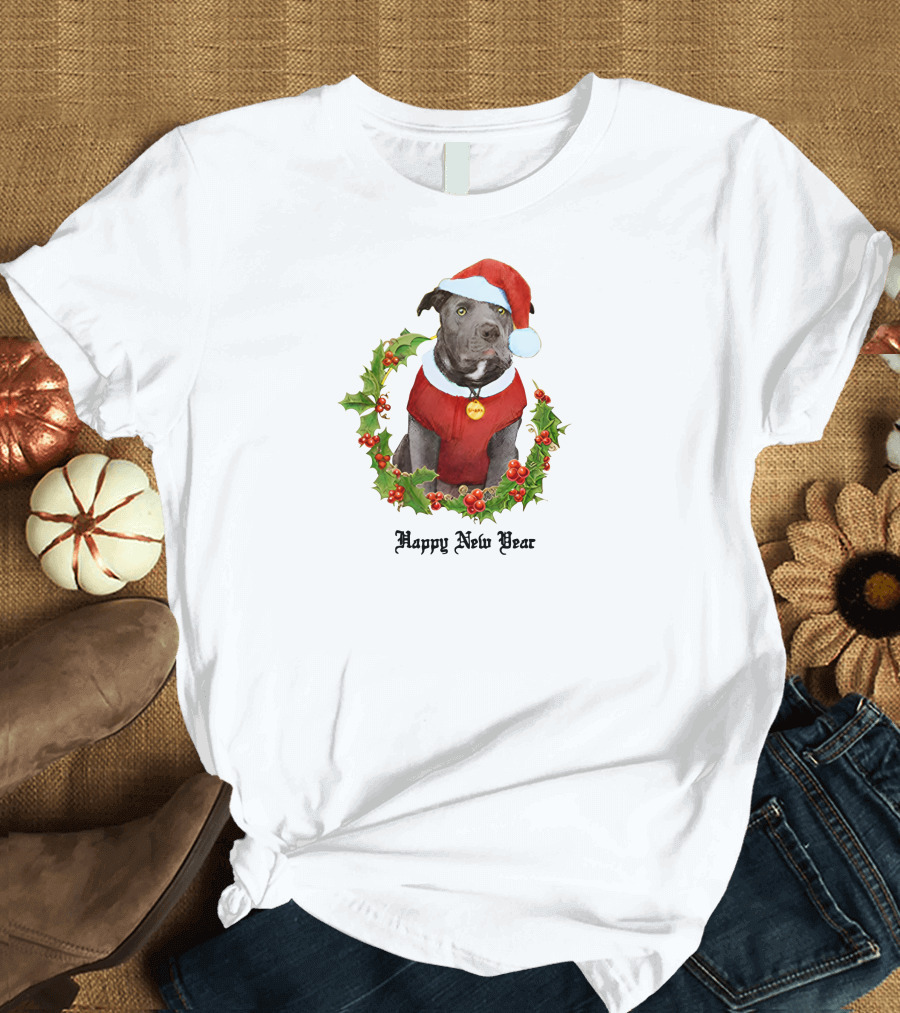 Billie Eilish Store Happy New Year Dog in Santa Hat and Holly Wreath T-Shirt