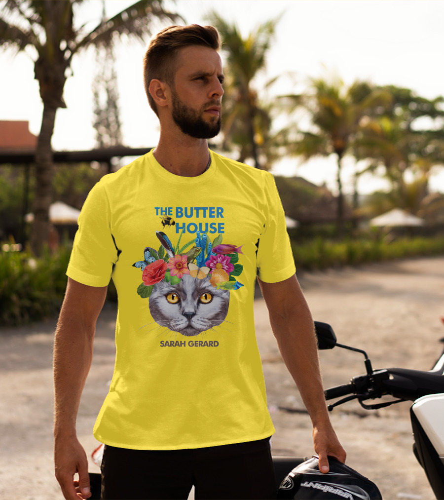 The Butter House Sarah Gerard Floral Cat With Butterflies And Fish On Yellow T-Shirt