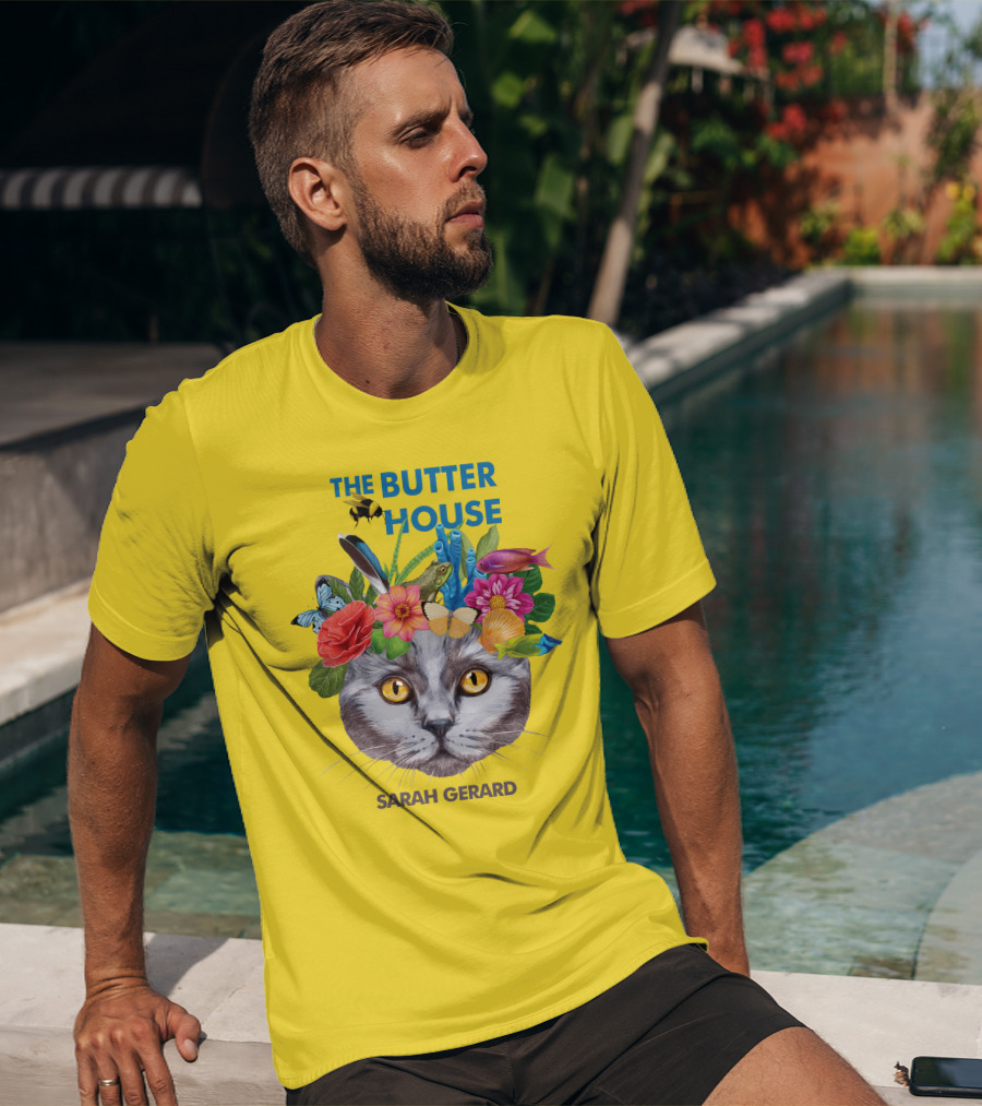 The Butter House Sarah Gerard Floral Cat With Butterflies And Fish On Yellow T-Shirt