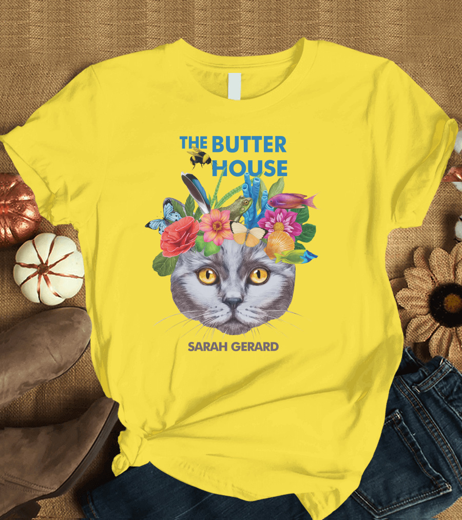 The Butter House Sarah Gerard Floral Cat with Butterflies and Fish on Yellow T-Shirt