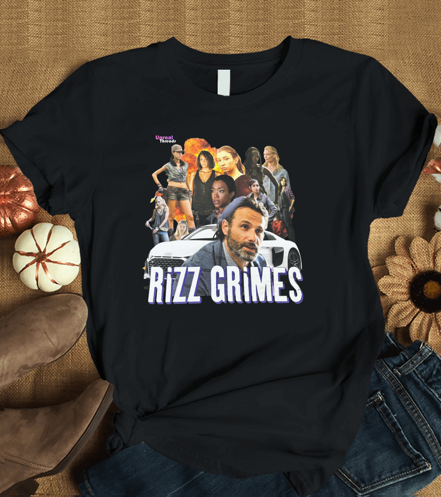 Unreal Threads Rizz Grimes Walking Dead Character Collage with Car and Flames T-Shirt