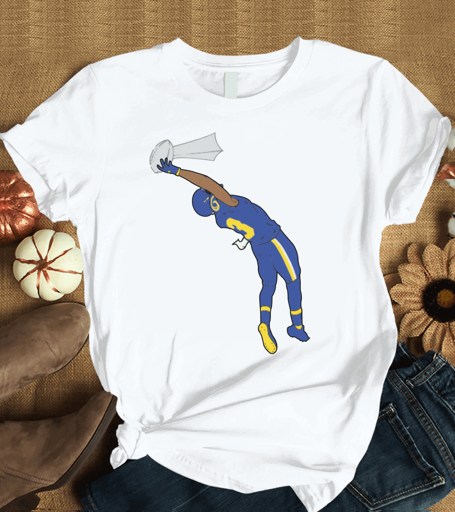 Trophy Catch Obj One-Handed Football Player Blue and Yellow Uniform T-Shirt
