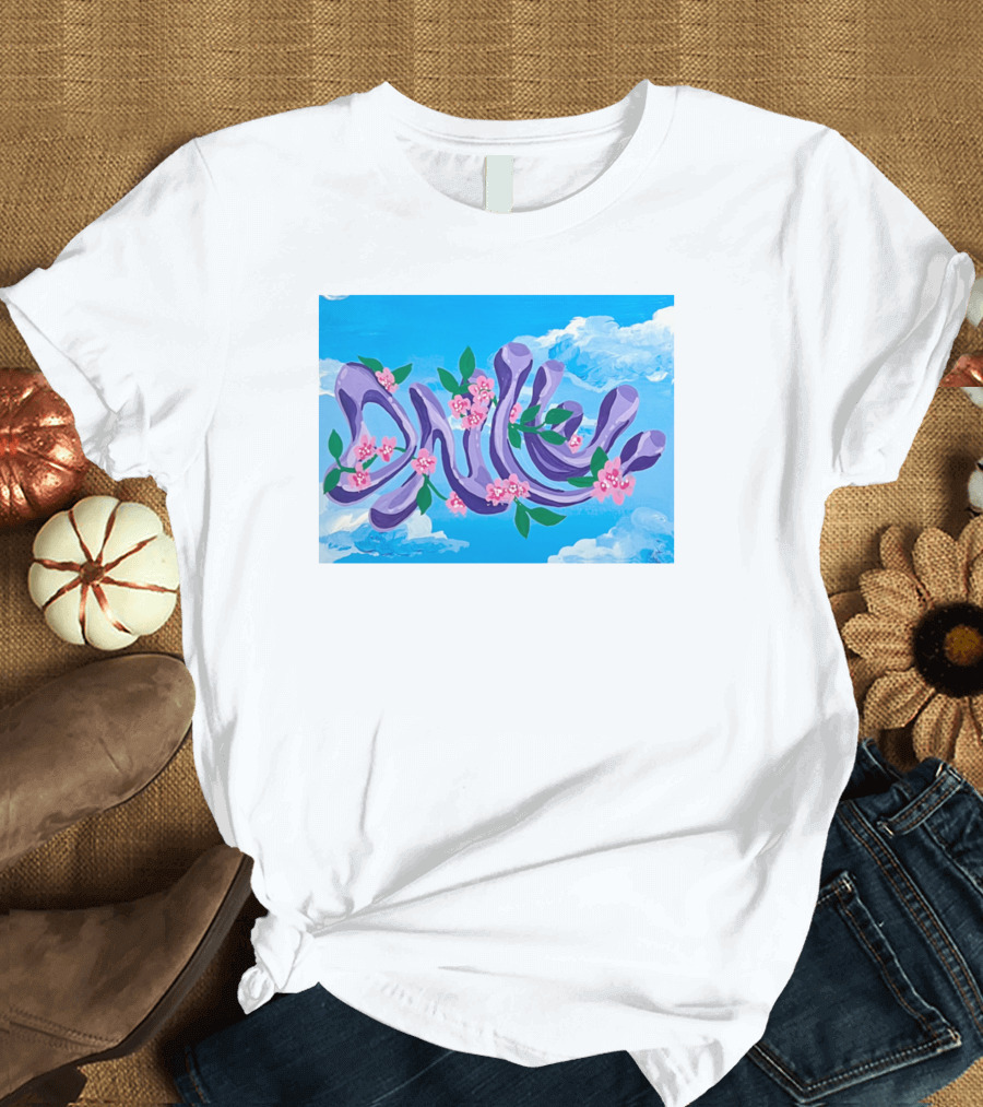 Jolene Dance Purple Script with Pink Flowers on Blue Sky Background T-Shirt