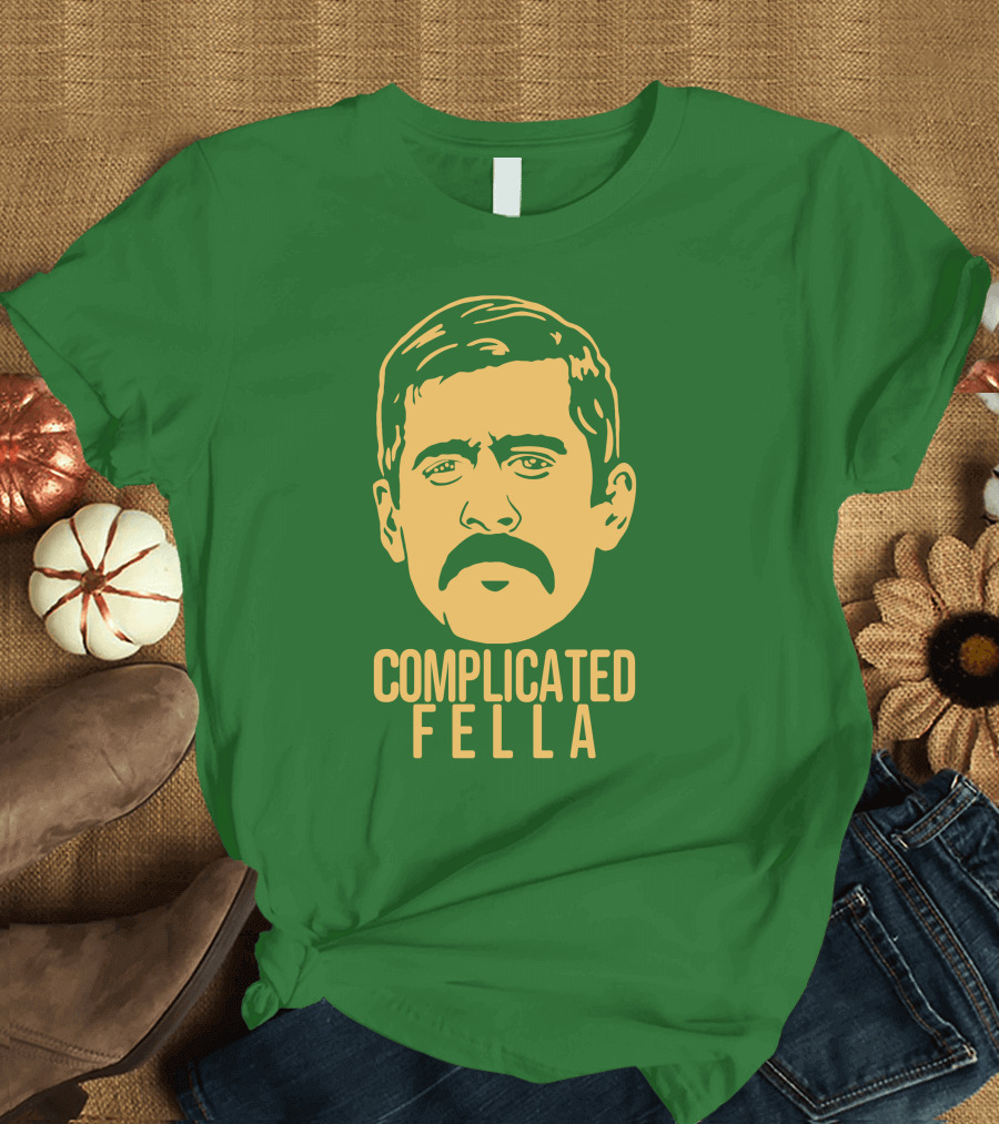 Complicated Fella Graphic with Mustache on Green Background T-Shirt