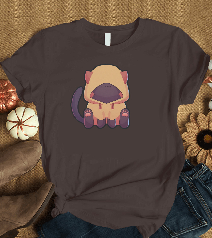 Wolfy The Witch Sitting Cat in Hooded Cloak with Paws Showing T-Shirt