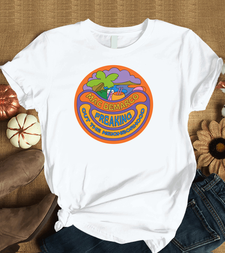 Mac Demarco Freaking Out the Neighborhood Colorful Retro Design with Beach and Palm Tree Elements T-Shirt