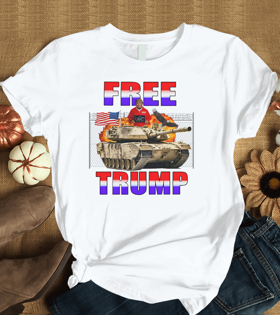 FREE TRUMP Tank American Flag Eagle Fence Flames T-Shirt
