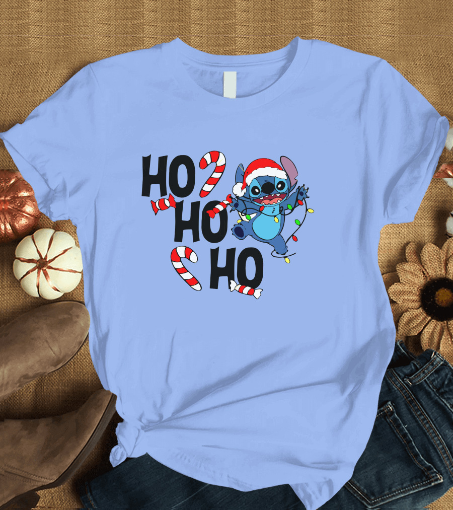 Stitch Ho Ho Ho Christmas Lights and Candy Canes T-Shirt