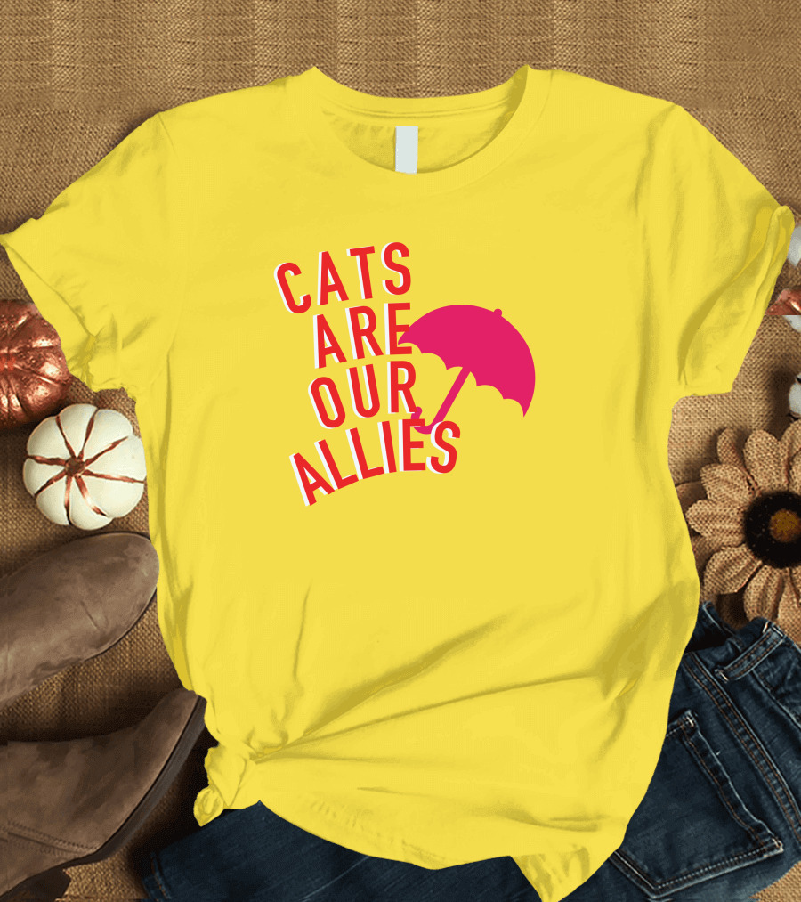 Jortsthecat Cats Are Our Allies Red Umbrella Yellow Background T-Shirt