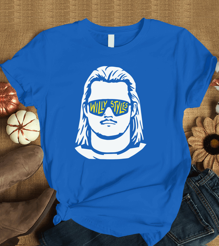 Willy Styles Sunglasses Graphic Blue Background T-Shirt