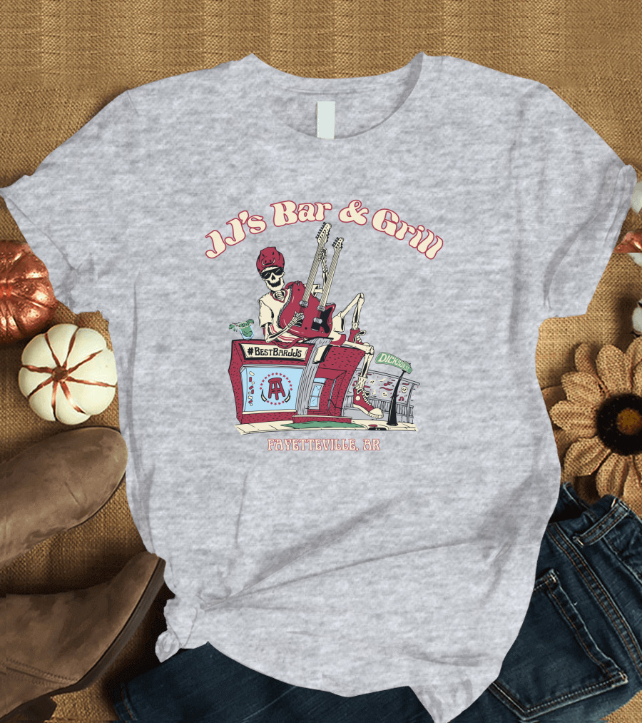 JJ's Bar And Grill Fayetteville AR Best Barstools Skeleton Playing Guitar T-Shirt