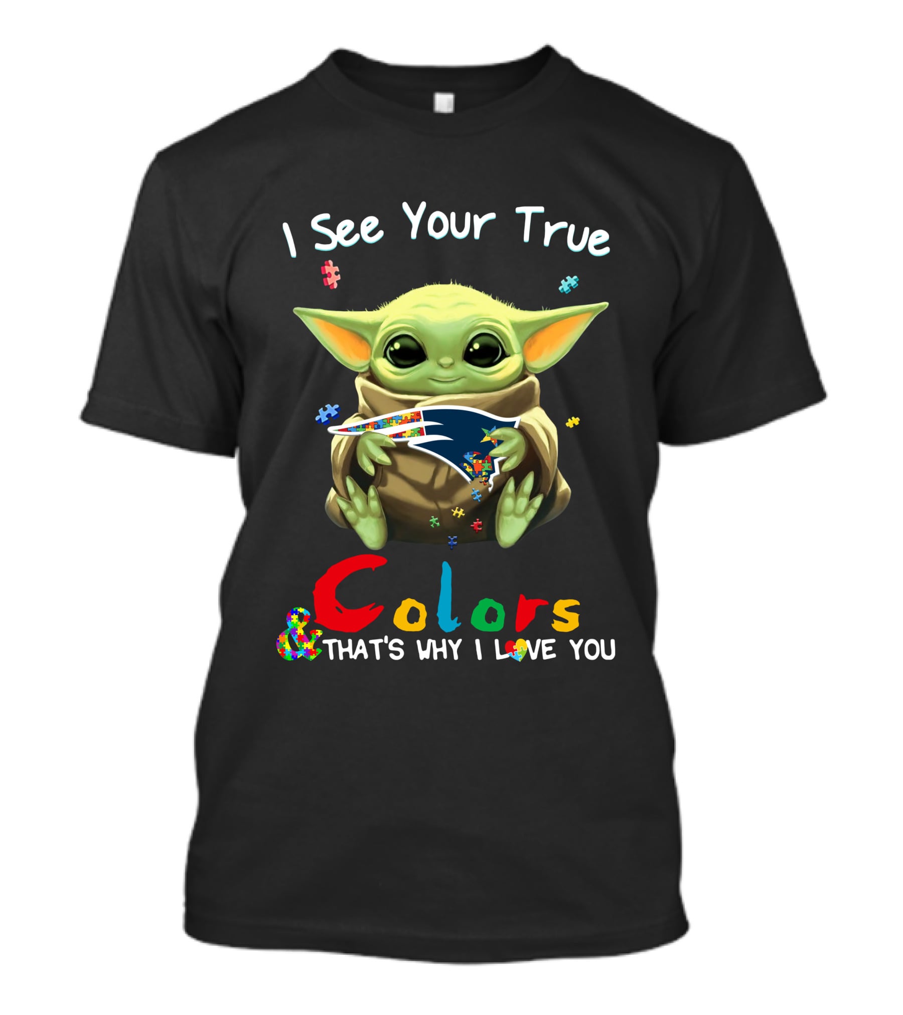 I See Your True Colors New England Patriots Baby Yoda Puzzle T-Shirt