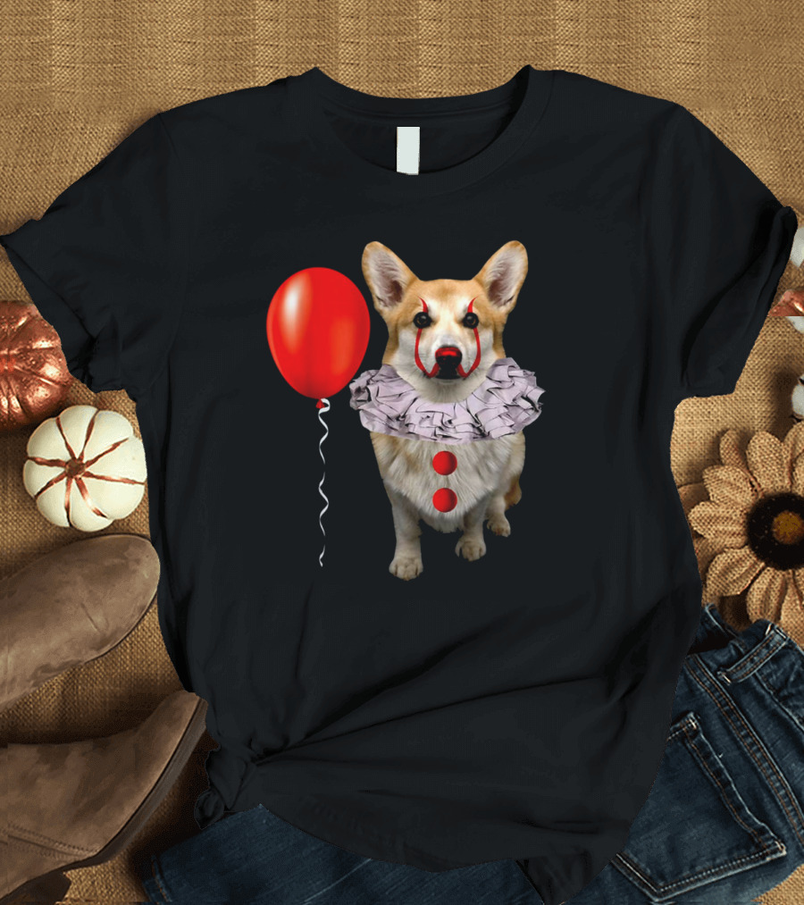 Red Balloon Corgi Scary Clown Funny Costume T-Shirt