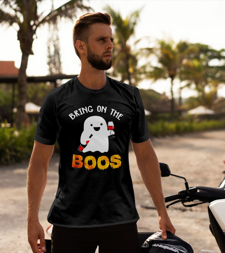 Bring On The Boos Funny Wine Ghost Holding Bottle And Glass Of Red Wine T-Shirt