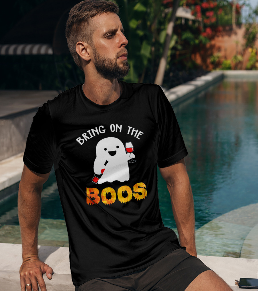 Bring On The Boos Funny Wine Ghost Holding Bottle And Glass Of Red Wine T-Shirt