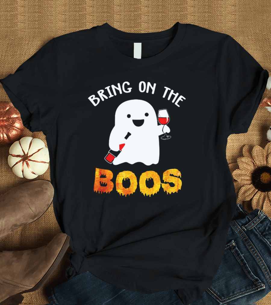 Bring On The Boos Funny Wine Ghost Holding Bottle and Glass of Red Wine T-Shirt