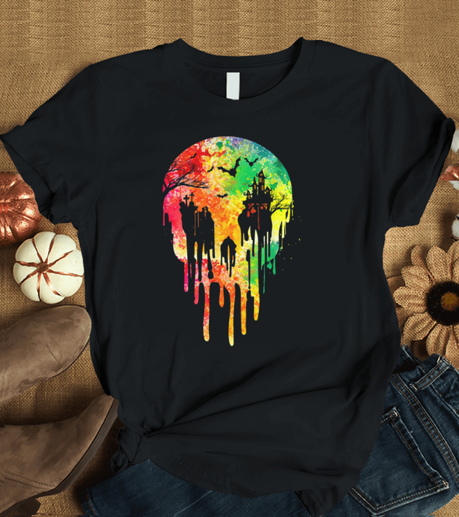 Melting Skull Colorful Night with Haunted Trees and Bats T-Shirt