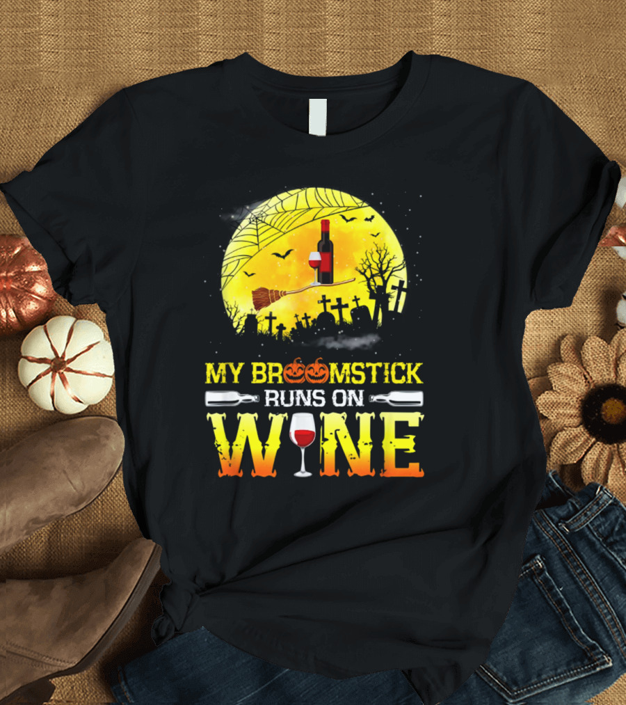 My Broomstick Runs On Wine Halloween Moon Pumpkins Graveyard Scene T-Shirt