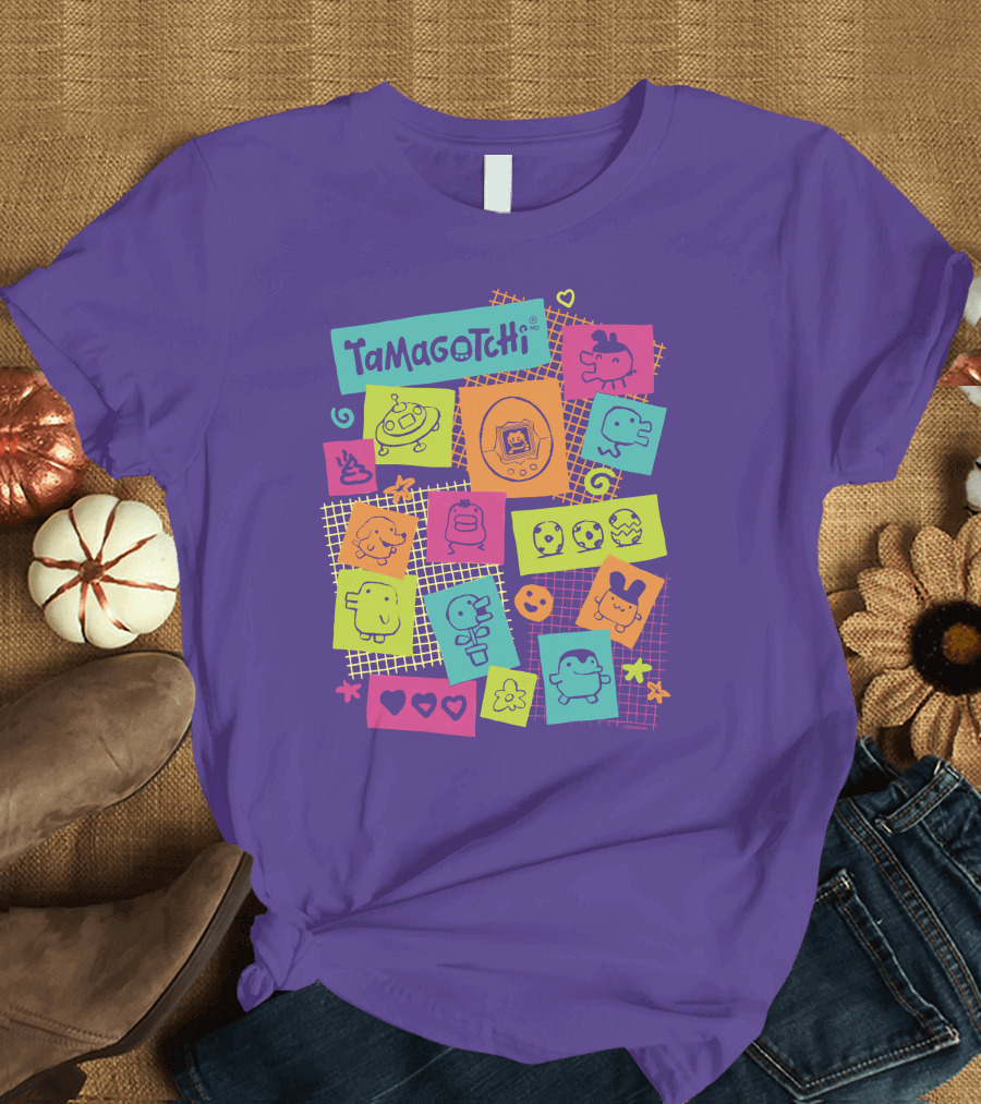 Tamagotchi Neon Character Collage with Hearts and Stars T-Shirt