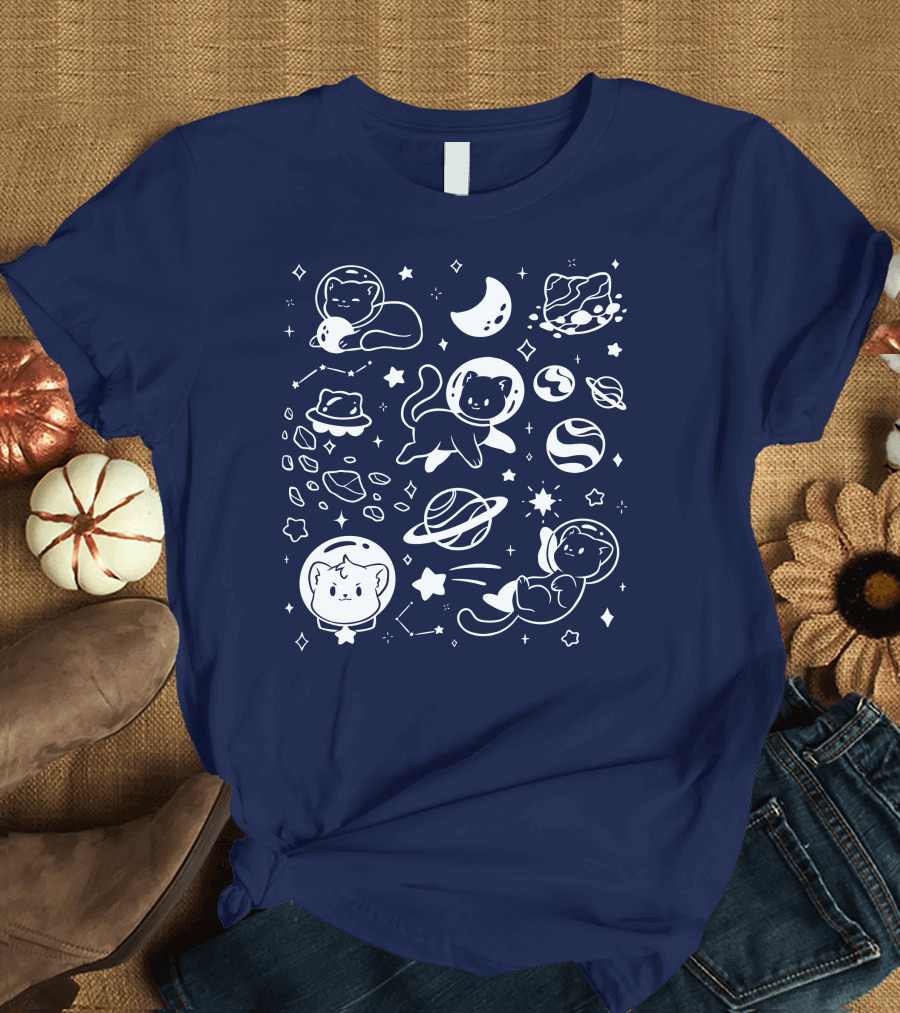 Helloapparel Cosmic Cat Astronaut Adventure with Stars and Planets T-Shirt