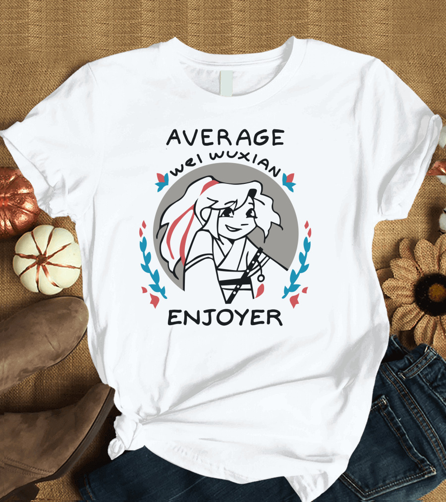Average Wei Wuxian Enjoyer Emblem with Cartoon Character and Floral Accents T-Shirt