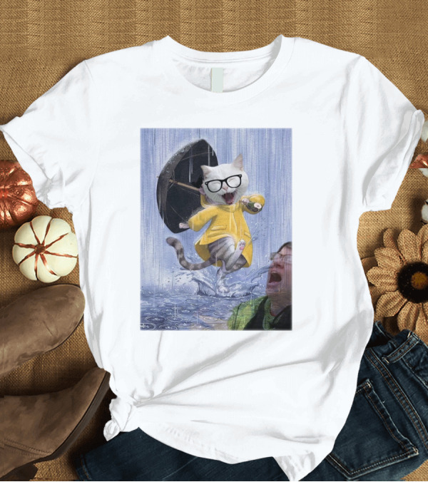 T-Shirt: Catturd in Yellow Raincoat with Glasses Holding Umbrella in the Rain T-Shirt Catturd in Yellow Raincoat with Glasses Holding Umbrella in the Rain T-Shirt