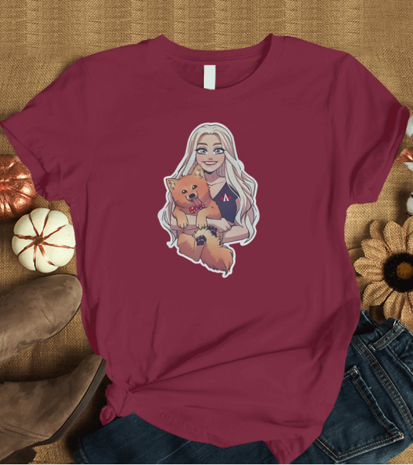 T-Shirt: Autumnrhodess Cartoon Character Holding Dog with Red Bowtie on Burgundy Background T-Shirt Autumnrhodess Cartoon Character Holding Dog with Red Bowtie on Burgundy Background T-Shirt