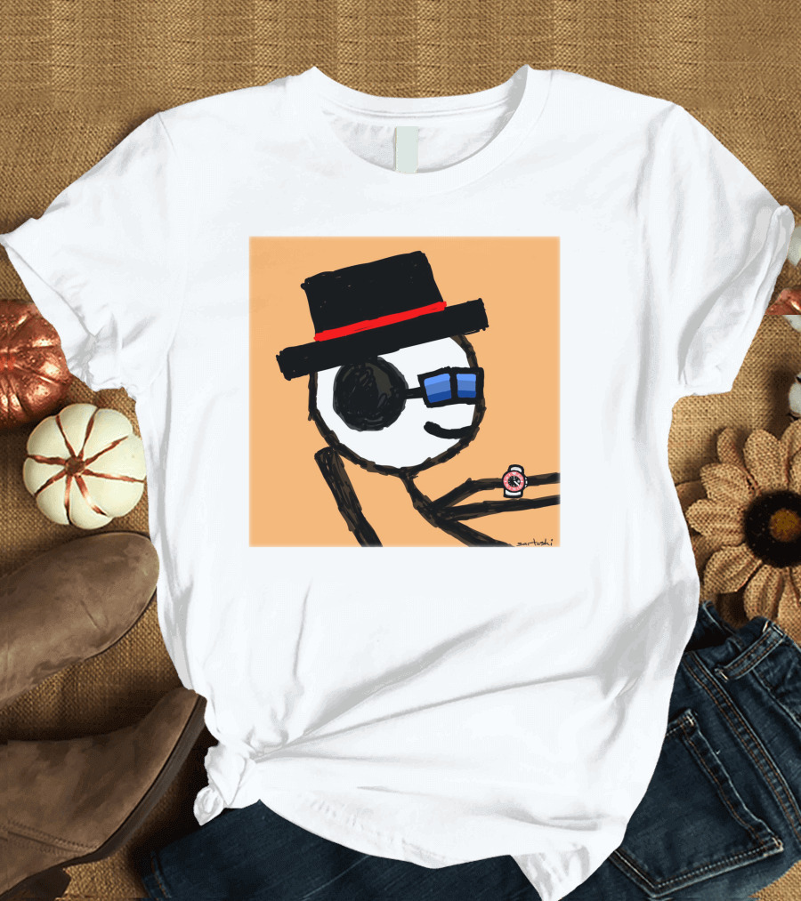 Sartoshi Mfers Stick Figure with Hat Blue Glasses Red Watch T-Shirt