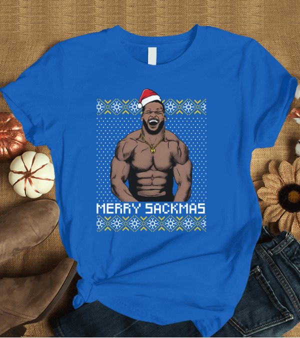 T-Shirt: Aaron Donald Merry Sackmas Santa Hat Muscles Uglysweater T-Shirt Aaron Donald Merry Sackmas Santa Hat Muscles Uglysweater T-Shirt
